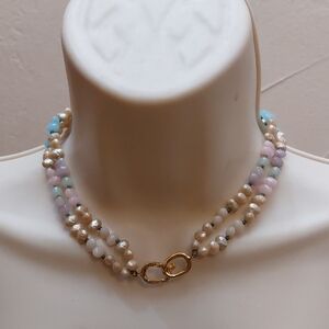 Vintage Les Bernard Pastel Multicolor 2 Strand Choker Necklace Faux Pearls Glass